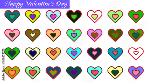 Valentine’s Day heart shapes vector illustration. collection of colorful hearts with nested outlines. love and romance decorative elements.