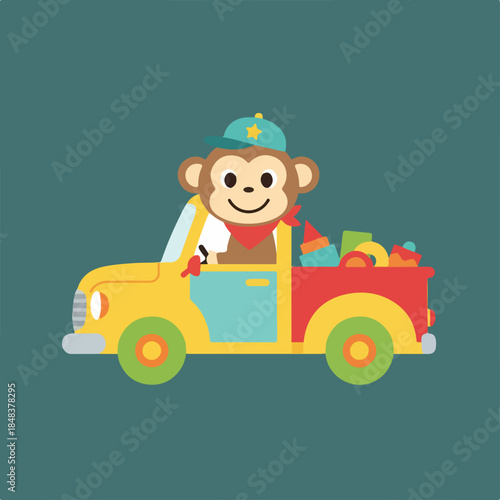 A cheerful cartoon monkey wearing a cap and bandana drives a yellow and red toy truck filled with colorful blocks and shapes.