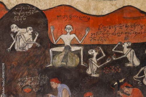 Bilde på lerret Ancient Thai mural painting depicting Buddhist hell scene featuring skeletal hun