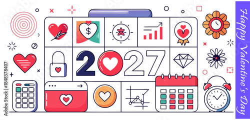 Valentine's Day 2027 grid composition with hearts, calendar, calculator, and various love-themed business icons.