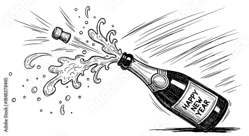 Champagne bottle exploding with happy new year message.