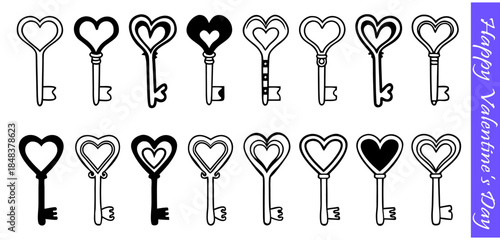 Heart-shaped key collection. Valentine's Day love symbol. heart love key vector illustration isolated on transparent background.