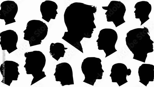 Collection of Diverse Male and Female Head Silhouettes in Profile View.