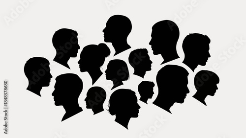Diverse group of people silhouettes facing different directions.