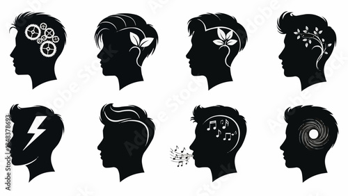 Diverse Silhouettes Representing Different Aspects of the Human Mind and Creativity.