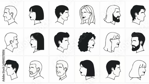 Collection of Diverse Hand-Drawn Profile Portraits of People.