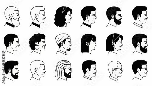 Diverse Collection of Hand-Drawn Profile Portraits of People.