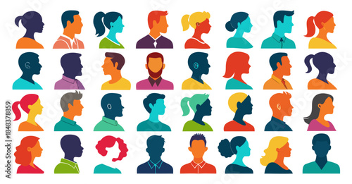 Set of vector portraits of people from around the world, featuring a side view collection of diverse faces for avatars and profiles, vector illustration. 