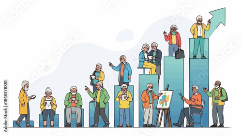 Diverse group of seniors engaged in various activities on a rising graph.