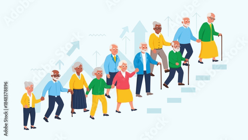 Diverse group of elderly people walking up stairs symbolizing progress and aging.