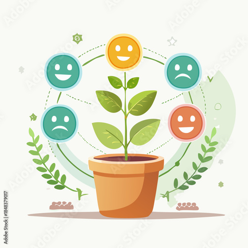 Emotional growth concept with potted plant and emojis