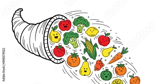 Cornucopia Overflowing with Colorful Fruits and Vegetables Illustration.
