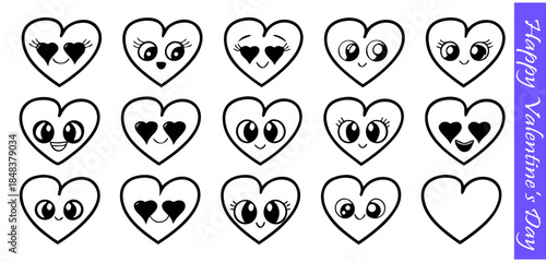 Set of black and white heart-shaped emojis with various cute facial expressions on transparent background, for valentine's day.