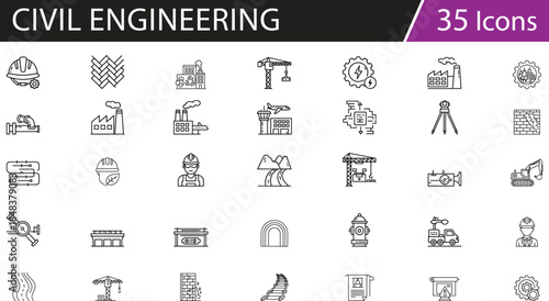 Construction and engineering icons set, infrastructure tools, building equipment, workers, roadwork, safety gear, vector illustration