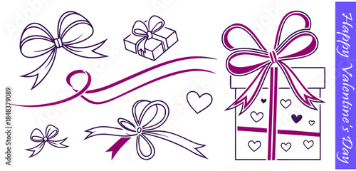 Valentine's day linear decorative elements with bows gift boxes ribbons and hearts on transparent background.