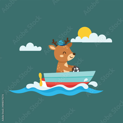 A cheerful cartoon deer in a striped hat happily drives a blue and red boat on wavy waters under a sunny sky with clouds.