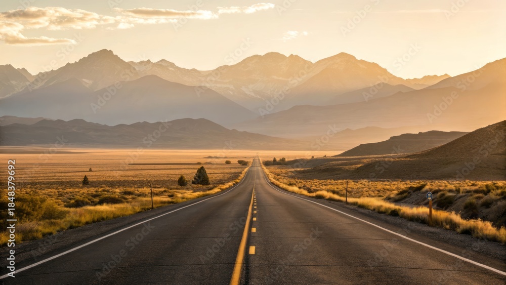 Obraz premium Serene Road Leading to Majestic Mountains Under Soft Golden Sunrise Light