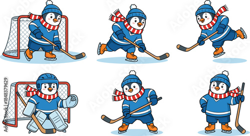 Cute penguin ice hockey cartoon illustration set, winter sports characters playing goalie and skating poses for kids holiday design