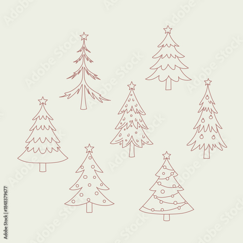 Minimal Christmas Tree Line Icons in Pastel Style