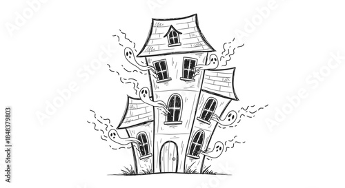 Spooky Haunted House with Ghosts Illustration.