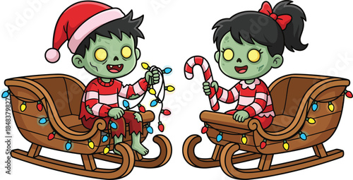 Cute Christmas zombie kids cartoon illustration riding sleigh with candy cane and lights, festive undead children winter holiday scene
