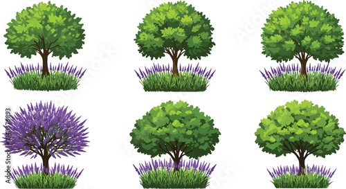 Beautiful green trees and purple flowers illustration vector set with lush foliage, grass, and detailed botanical landscape nature design artwork