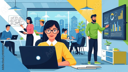 Innovation and Collaboration: Dynamic professionals engaged in a collaborative workflow within a modern workspace, with graphical representations of data.