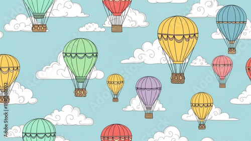 Balloon Ascent in Sky: A vibrant array of hot air balloons soar through a dreamy sky dotted with fluffy clouds, offering a captivating view from below.