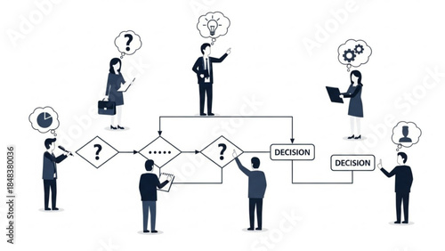 Navigating Business Pathways: An illustration depicting a team collaborating through interconnected decision-making, offering insights into complex problem-solving.