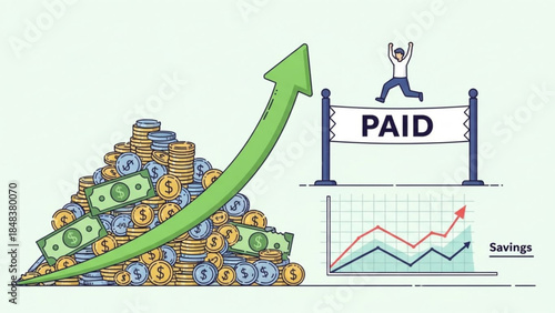 Financial Growth: An illustration depicting financial progress with a rising arrow, coins, and a person celebrating after reaching a PAID milestone, symbolizing financial success and debt freedom.