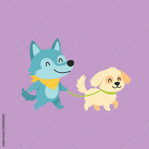 A friendly blue wolf wearing a yellow bandana happily walks a fluffy golden dog on a green leash against a solid purple background.