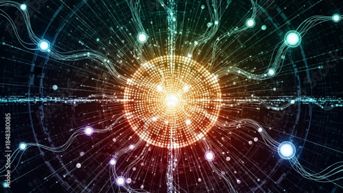 Celestial Nexus: An abstract illustration showcasing an intricate network of luminous energy, reminiscent of a celestial body, radiating vibrant colors and interconnected pathways.