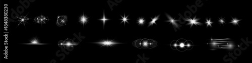 Light effect set. Glow isolated white transparent light effect set, lens flare, explosion, glitter, dust, line, sun flash, spark and stars, spotlight, curve twirl.