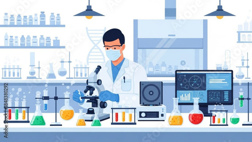 Scientist working with microscope in a modern laboratory surrounded by scientific equipment and DNA helix illustration for research and development concepts
