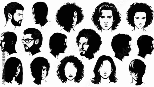 Collection of Diverse Human Head Silhouettes and Portraits.