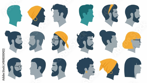 Diverse Collection of Male and Female Head Silhouettes in Profile View.