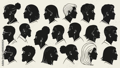 Diverse Collection of Human Silhouettes Showcasing Various Hairstyles and Features.