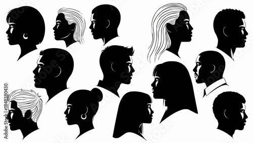 Diverse group of people silhouettes in profile view showcasing variety of ethnicities and hairstyles.