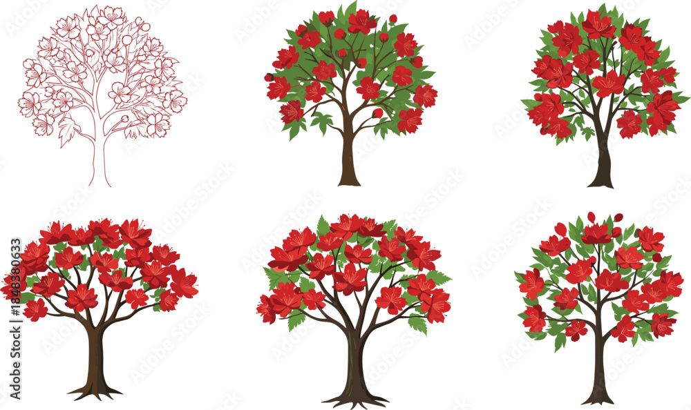 Fototapeta premium Beautiful hibiscus tree vector illustration with vibrant red flowers and green leaves, perfect for floral decoration, nature themes, and garden design projects.