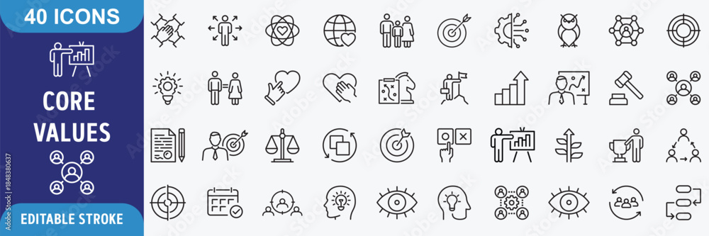 Naklejka premium Core Values icon set. Containing core values, innovation, quality, integrity, responsibility, teamwork, reliability, honesty. Outline Icon Collection. Editable stroke. Vector illustration