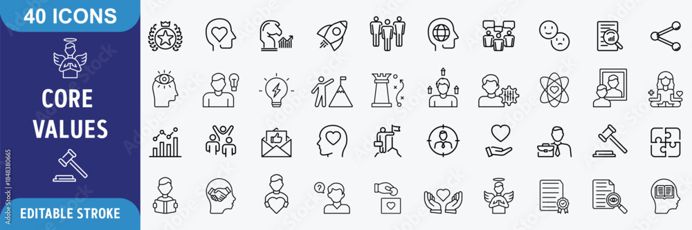 Fototapeta premium Core Values icon set. Containing core values, innovation, quality, integrity, responsibility, teamwork, reliability, honesty. Outline Icon Collection. Editable stroke. Vector illustration