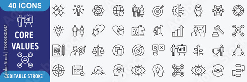 Core Values icon set. Containing core values, innovation, quality, integrity, responsibility, teamwork, reliability, honesty. Outline Icon Collection. Editable stroke. Vector illustration