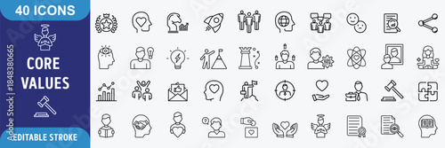 Core Values icon set. Containing core values, innovation, quality, integrity, responsibility, teamwork, reliability, honesty. Outline Icon Collection. Editable stroke. Vector illustration