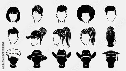 Collection of diverse hairstyles and headwear silhouettes representing different people.