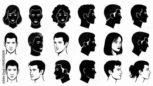 Collection of Diverse Human Head Silhouettes in Black and White.