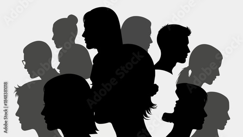 Diverse group of people silhouettes in profile view.