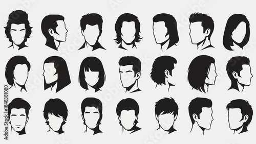 Collection of diverse male and female hairstyles and silhouettes.