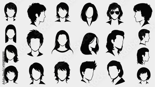 Collection of diverse hairstyles and silhouettes for men and women.