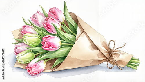 Tulip bouquet wrapped in kraft paper, soft watercolor illustration with gentle pink and green washes, airy romantic composition, isolated on white with copy space