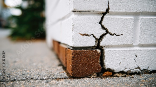 Cracked white painted brick wall shows structural damage near the ground.